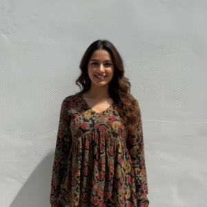 pastel pink floral print cotton tunic with embroidered v neckline | 3/4 sleeve casual kurti