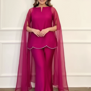 elegant magenta cape style tunic and flared pants set with scallop trim | modern georgette ethnic wear