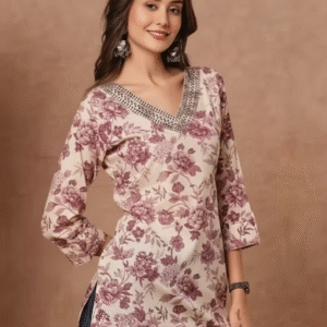 pastel pink floral print cotton tunic with embroidered v neckline | 3/4 sleeve casual kurti