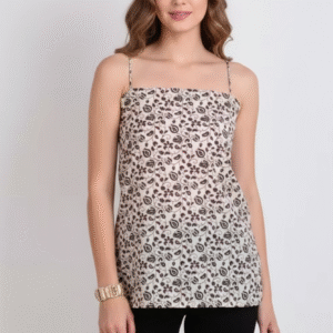 elegant cream & brown floral print strappy top | spaghetti strap summer casual blouse