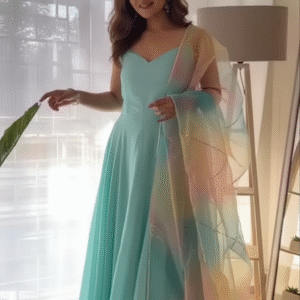 elegant aqua blue sleeveless anarkali gown with pastel ombre organza dupatta | georgette ethnic suit set
