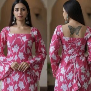 elegant magenta cape style tunic and straight pants set with scallop trim | contemporary party wear suit