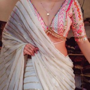 elegant white sequin striped georgette saree with multi color embroidered designer blouse | party wear sari