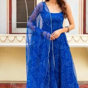 royal blue bandhani print georgette anarkali suit set with dupatta & pants | sleeveless ethnic gown